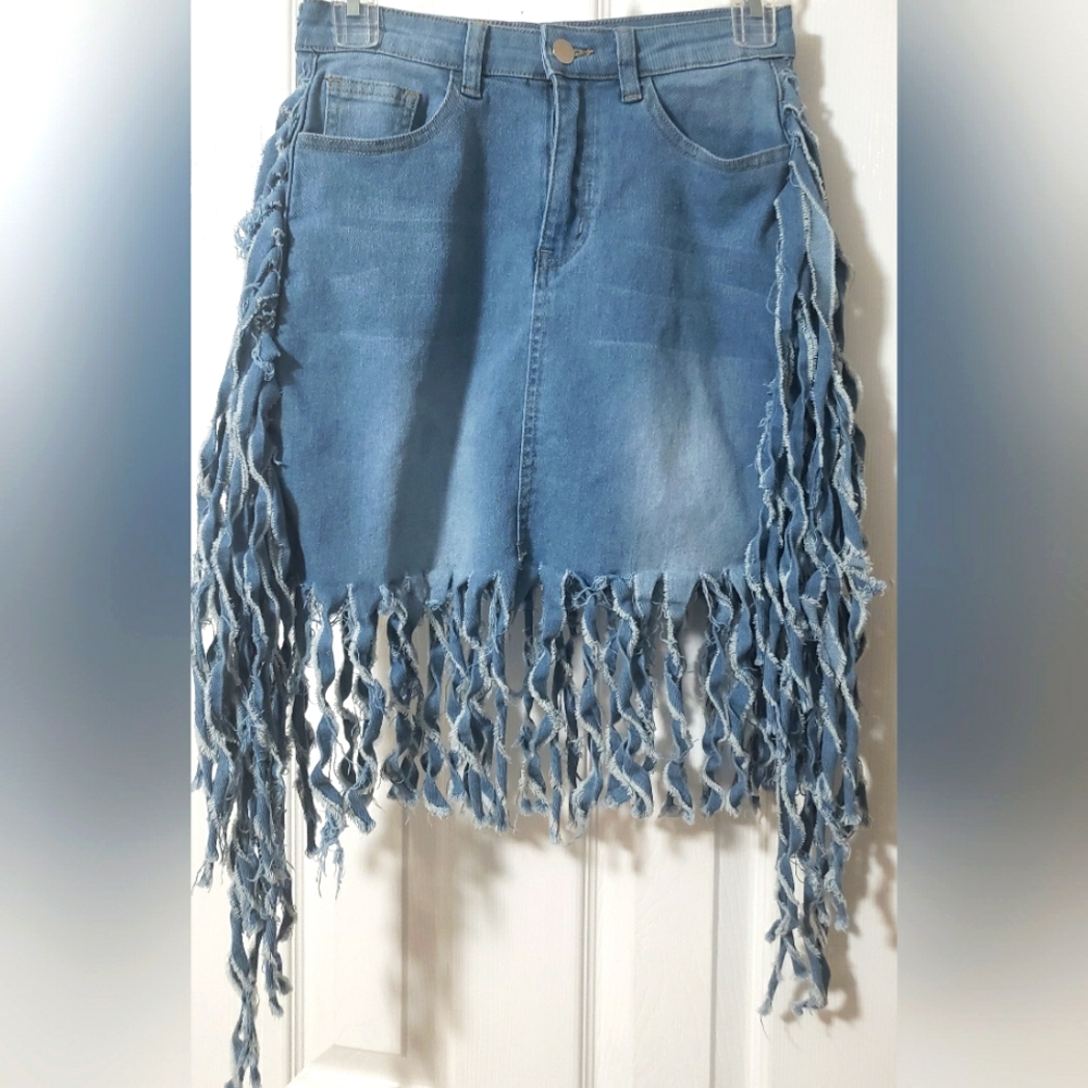 Fringed Denim Skirt (Stretchy)